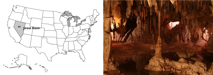 Left: map of US, Right: Pools in Lehman Cave with stalagmites and stalagtites, 