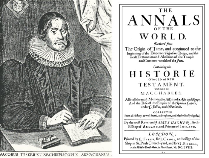 Portrait of Jacobus Ussher and the title page of his book, Annals of the World