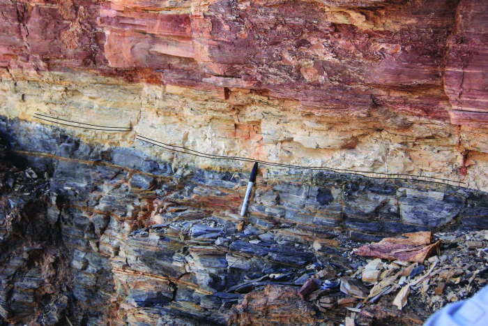 Photo showing details of contacts between different rock layers.