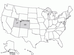 Map of the US with Dinosaur National Monument, Utah, and Colorado highlighted.