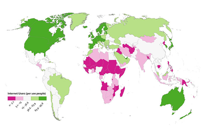 diverging color scheme used to show countries above and below global average internet users per 100