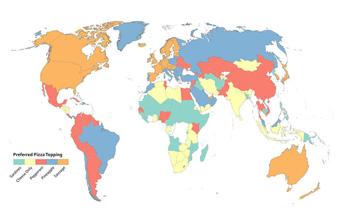 properly used categorical color scheme that show preferred pizza toppings of every country