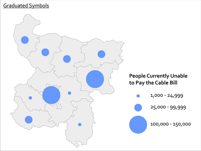 map using graduated symbols to represent people currently unable to pay the cable  bill