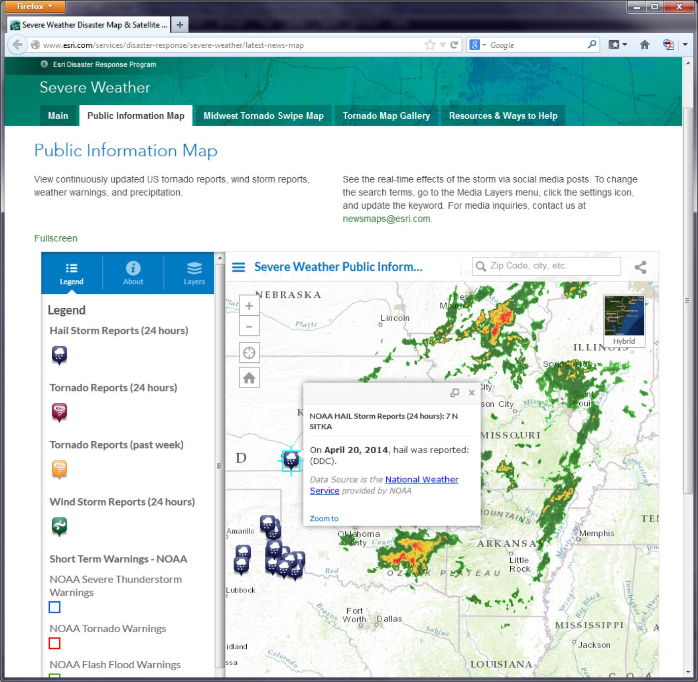 Esri severe weather map screenshot shows hail was reported on April 20, 2014