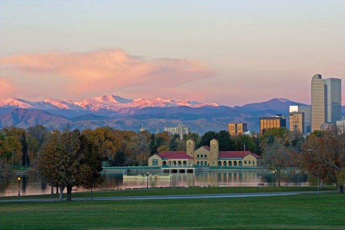 The skyline of Denver, Colorado, with the Rocky Mountains in the background.