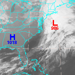 A satellite image that illustrates the relationship between clouds and surface pressure.