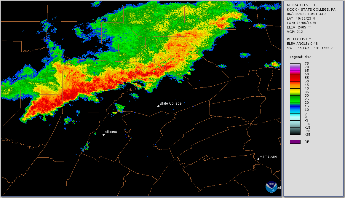 An image of radar reflectivity from 1351Z on June 1, 2012.