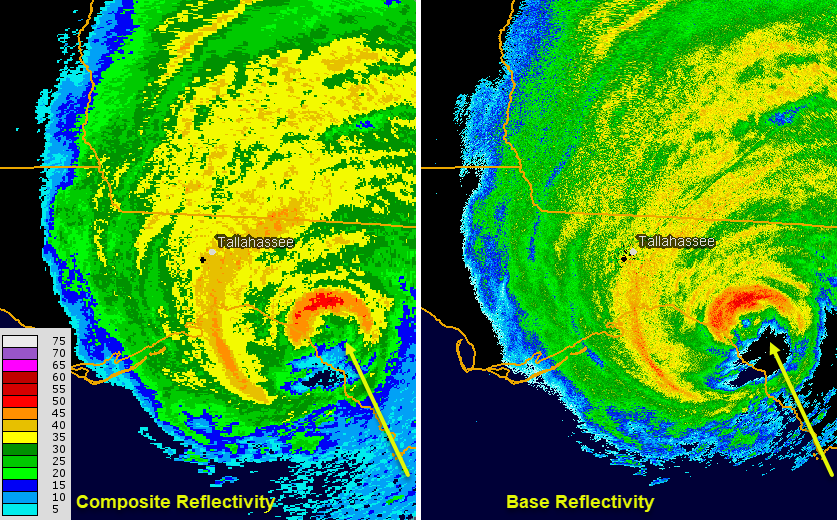 The composite and base reflectivities of Hurricane Idalia just after landfall in 2023.