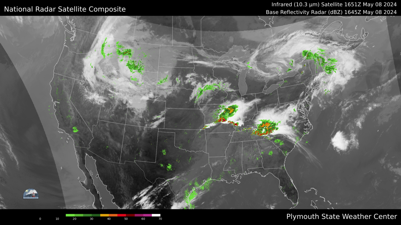 An example of a sat-rad image, which is radar imagery superimposed onto an infrared satellite image. The US is shown here.
