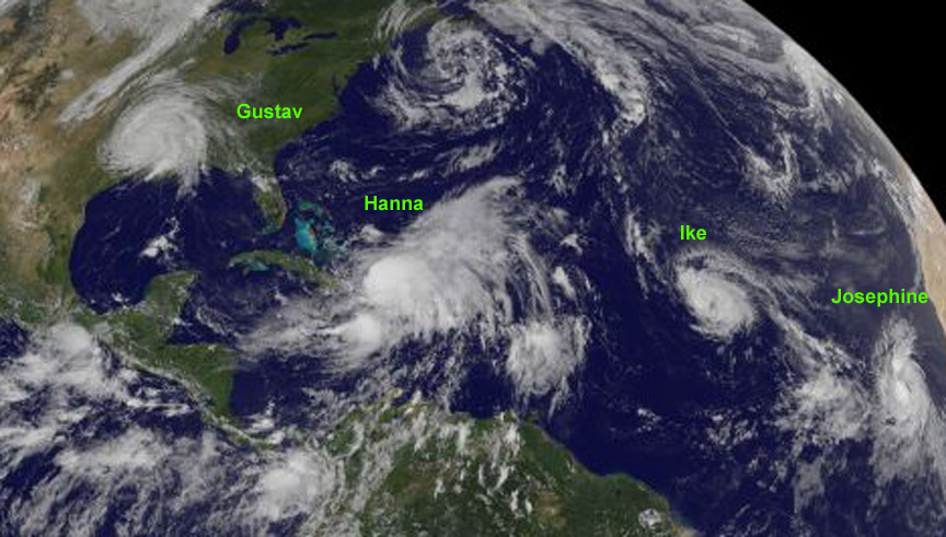 Satellite image from September 2, 2008 showing four named storms simultaneously occurring in the Atlantic