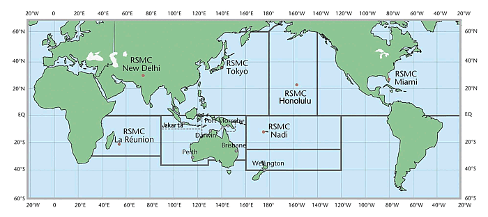 Map of all Regional Specialized Meteorological Centers and Tropical Cyclone Warning Centers with regional responsibilities