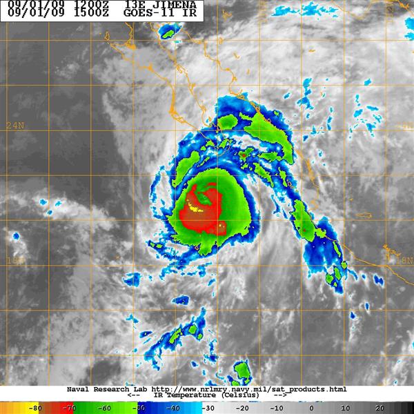 Enhanced infrared image of Hurricane Jimena at 15Z on September 1, 2009.