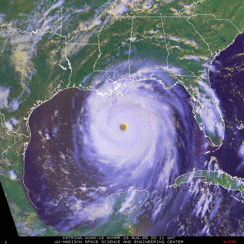 Three-channel color composite of Hurricane Katrina at 2011Z on August 28, 2005.