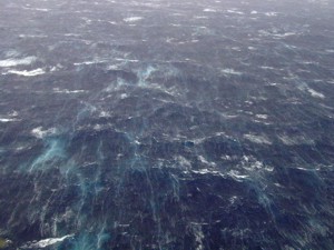 A rolling sea with green streaks taken by the NOAA Hurricane Hunters during a flight into Hurricane Isabel (2003).