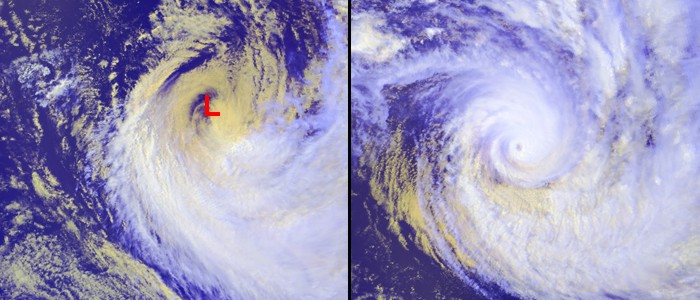 Left: Three-channel composite of Tropical Cyclone Heta at 00Z on January 8, 2004 showed exposed low clouds near the storm's center. (Right) Two days earlier, the three-channel composite showed deep convection around the storm's center.