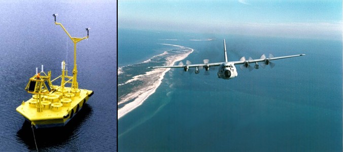 Left: a six-meter NOMAD buoy containing in situ sensors. Right: A U.S. Air Force Reserve WC-130, which employs both in situ and remote sensors to monitor hurricanes