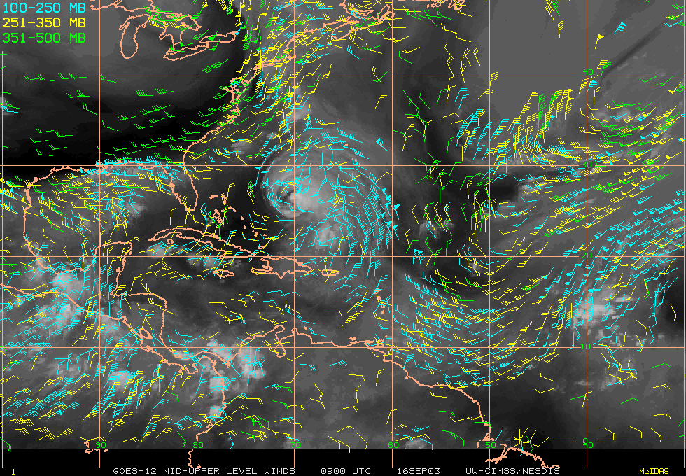 Middle and upper tropospheric winds generated from water vapor imagery over the Atlantic Basin at 09Z on September 16, 2003.