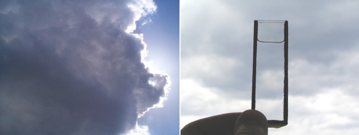 A cumulus congestus cloud on the left compared with one millimeter of bulk water (which is transparent) on the right.