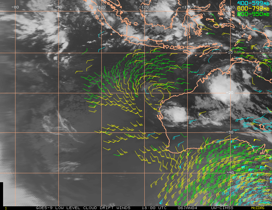 Low and mid-level cloud drift winds superimposed on IR imagery over the Southeast Indian Ocean on January 6, 2004