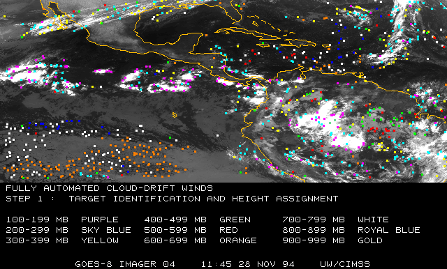 Viable cloud targets marked by dots on an infrared satellite image