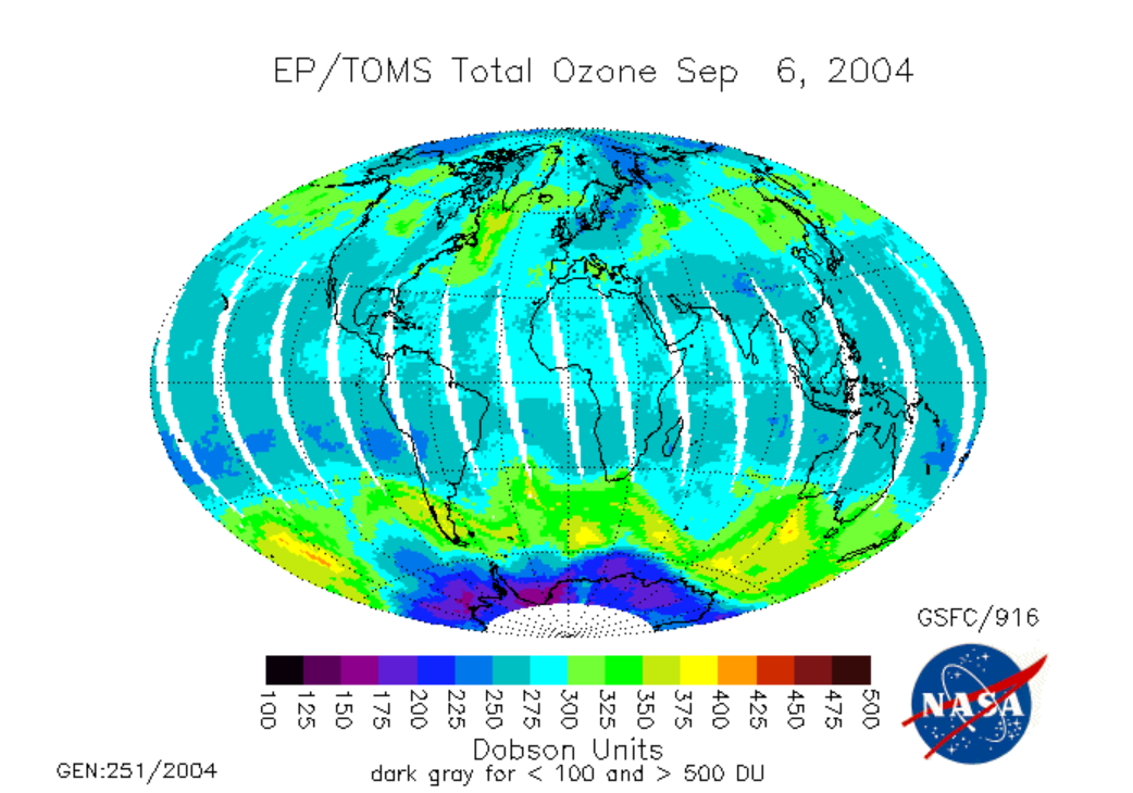 Satellite map of total ozone from September 6, 2004. Note that the total ozone amount is greater at midlatitudes than it is in the tropics