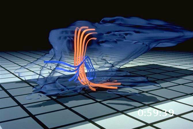 Single-frame of a computer simulation showing the movement of air through a supercell thunderstorm