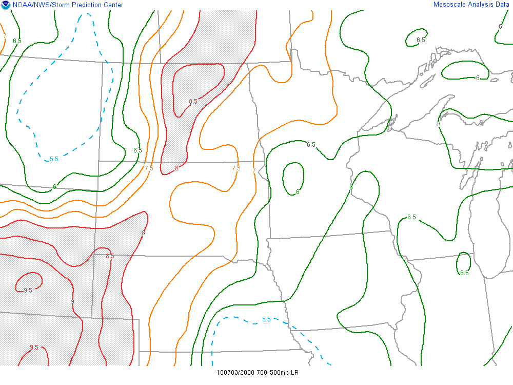Mid-level lapse rates (between 700 mb and 500 mb), expressed in degrees Celsius per kilometer, at 20Z on July 3, 2010, over the Northern Plains.