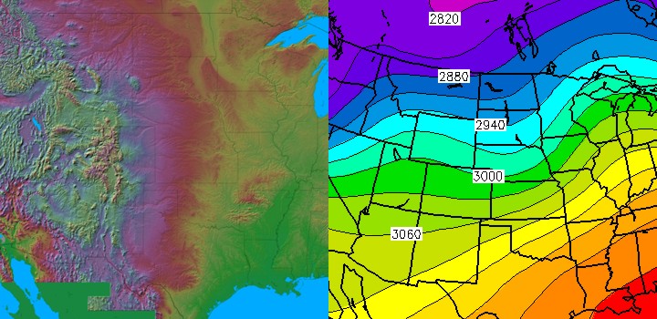 Left: Topographic map of the US. Right: Pattern of 700-mb heights conducive to the formation of a lee trough.