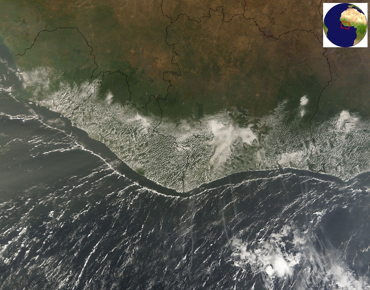 MODIS satellite image showing land-breeze convection along the coast of Africa.