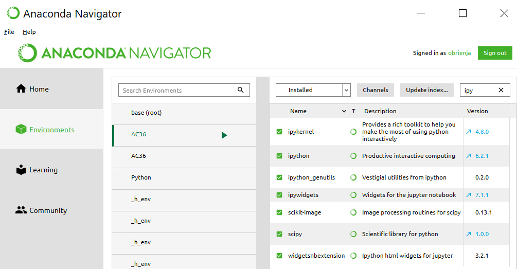 Figure 3.13 Anaconda Navigator showing how to install / update packages