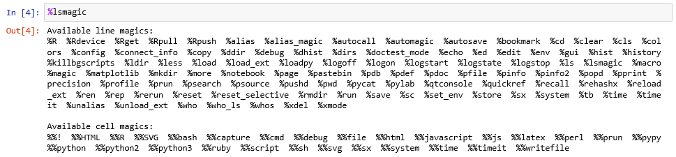 Output produced by the magic command %lsmagic that lists all availble magic commands